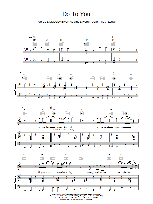 Bryan Adams Do To You sheet music notes and chords arranged for Piano, Vocal & Guitar Chords