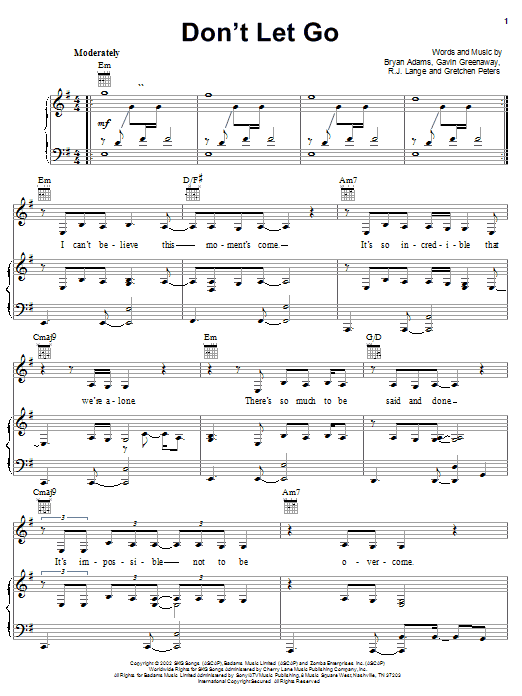 Bryan Adams Don't Let Go sheet music notes and chords arranged for Piano, Vocal & Guitar Chords (Right-Hand Melody)