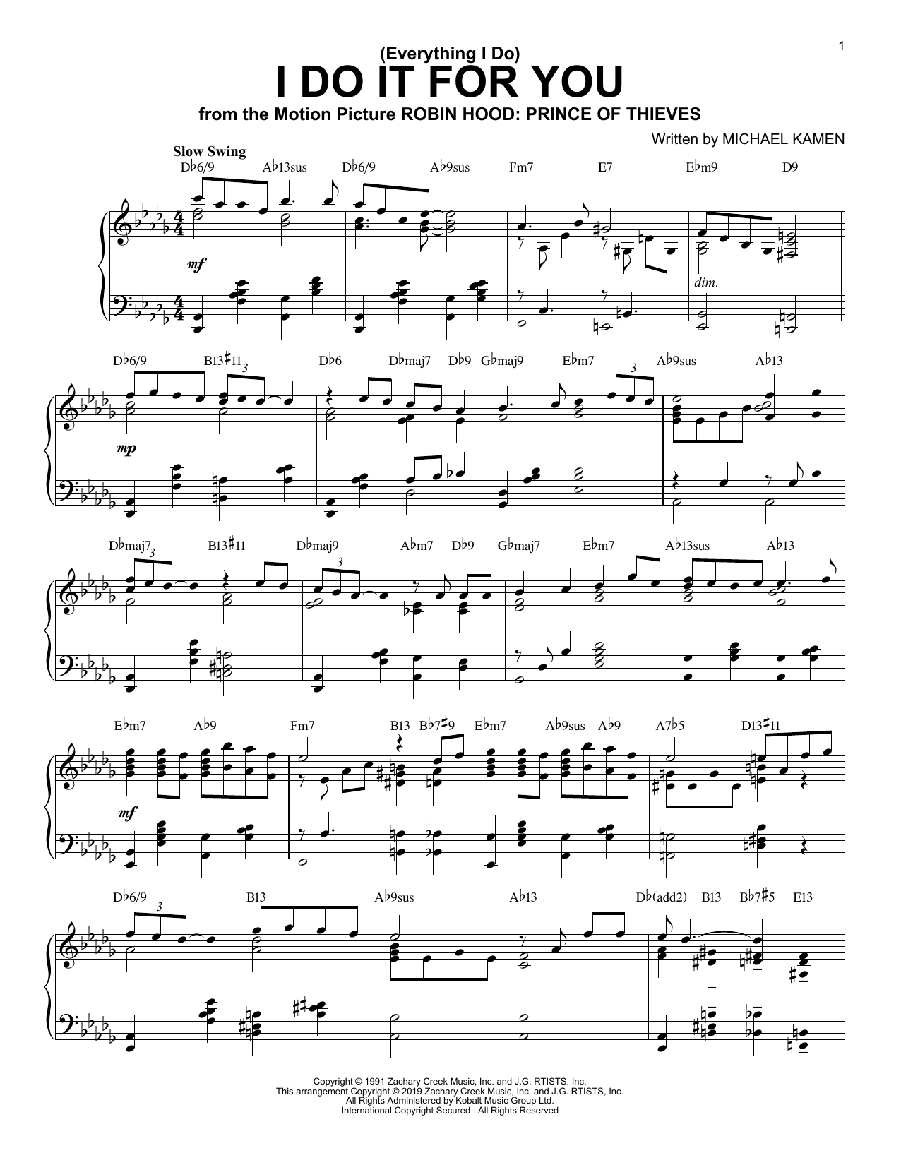 Bryan Adams (Everything I Do) I Do It For You [Jazz version] sheet music notes and chords arranged for Piano Solo
