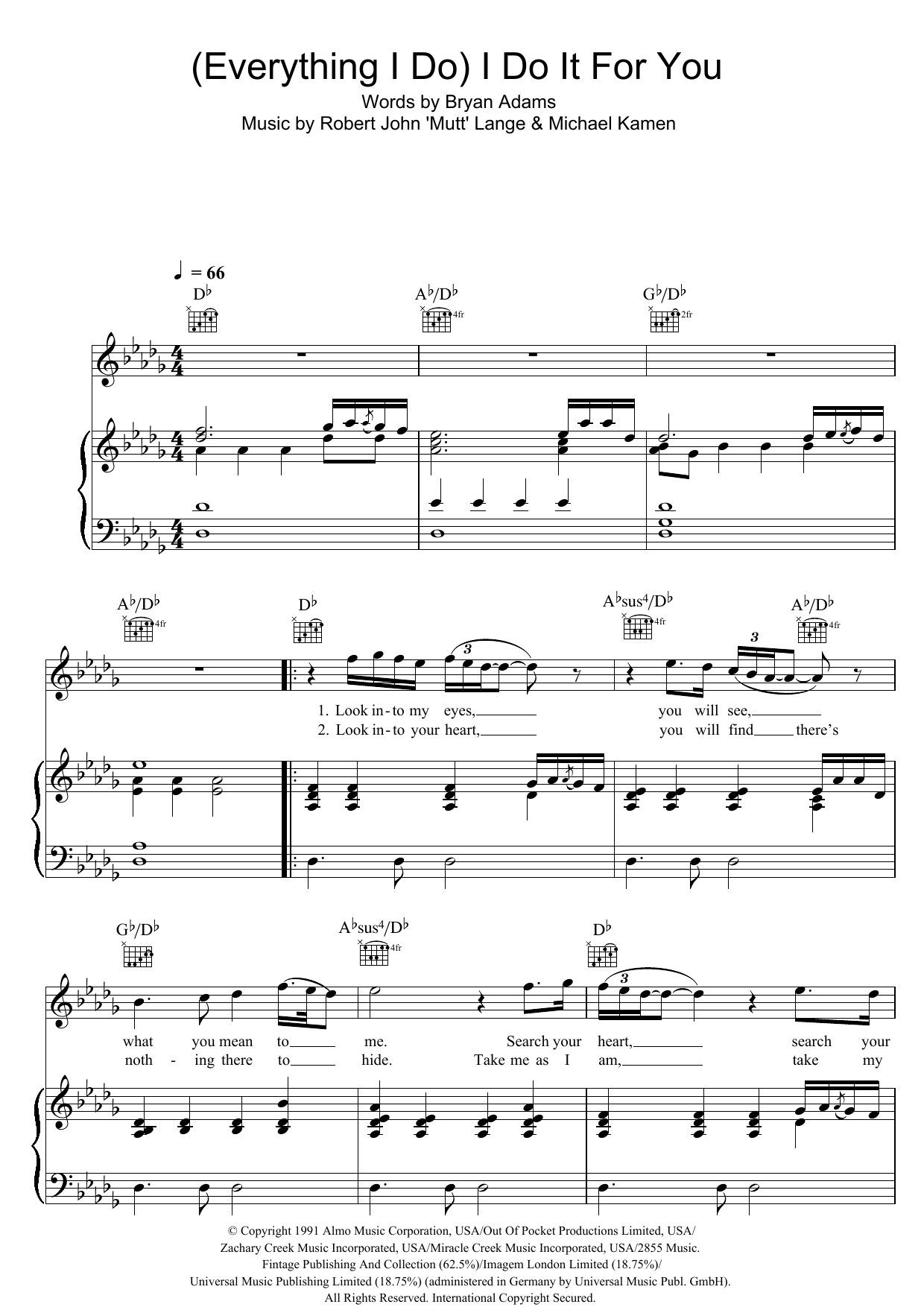 Bryan Adams (Everything I Do) I Do It For You sheet music notes and chords arranged for Easy Piano