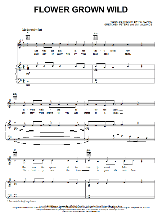 Bryan Adams Flower Grown Wild sheet music notes and chords arranged for Piano, Vocal & Guitar Chords (Right-Hand Melody)