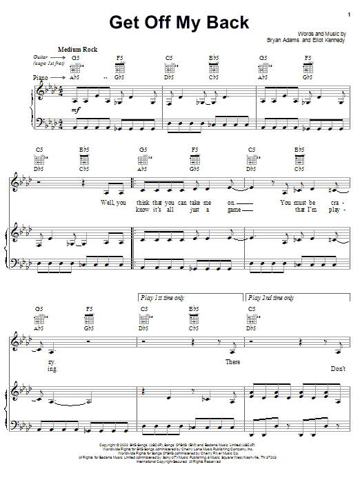 Bryan Adams Get Off My Back sheet music notes and chords arranged for Piano, Vocal & Guitar Chords (Right-Hand Melody)