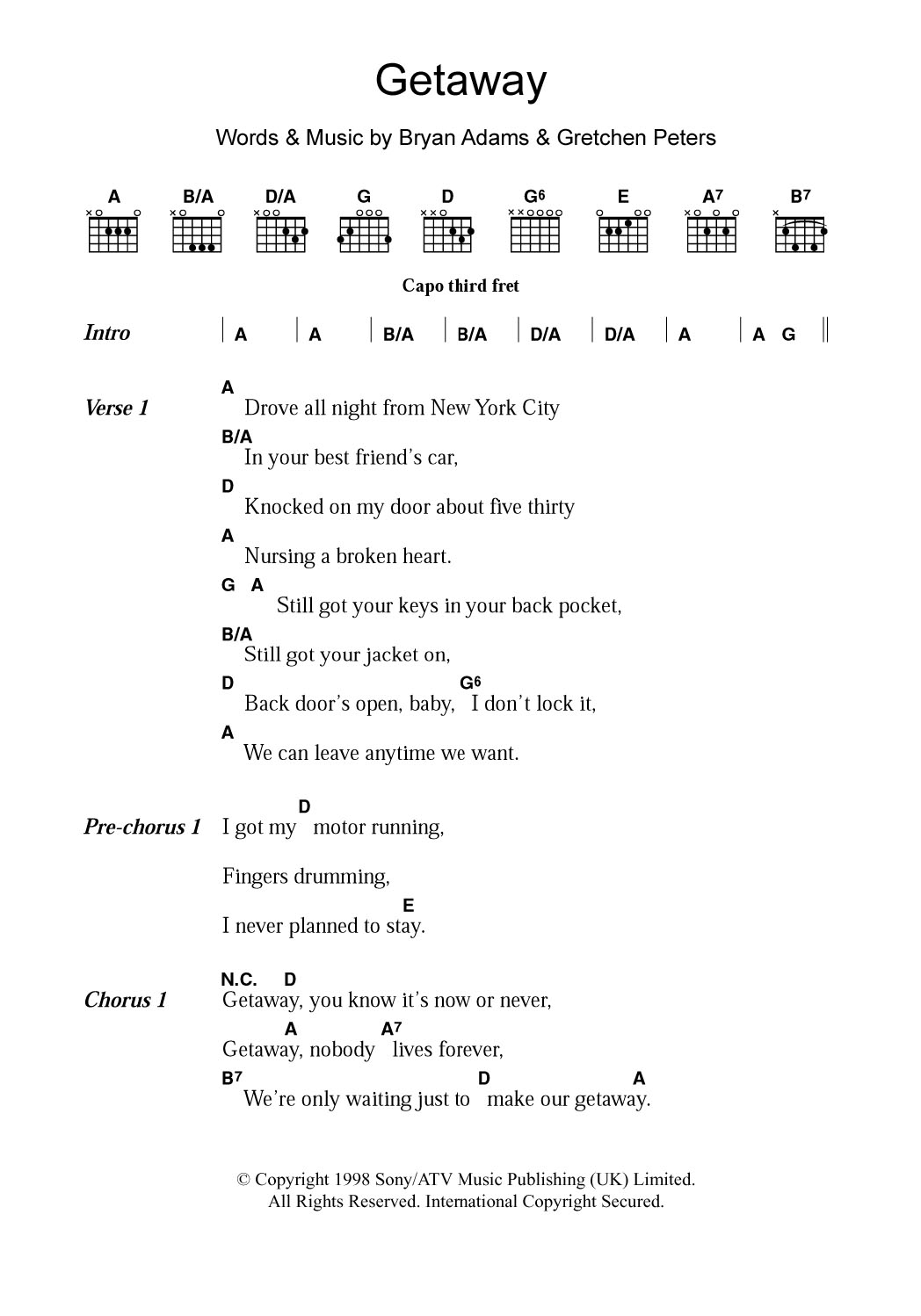 Bryan Adams Getaway sheet music notes and chords arranged for Guitar Chords/Lyrics