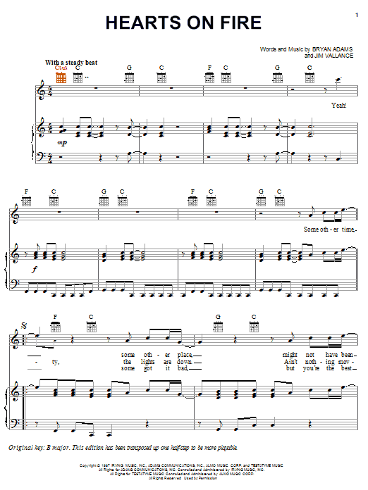 Bryan Adams Hearts On Fire sheet music notes and chords arranged for Piano, Vocal & Guitar Chords (Right-Hand Melody)