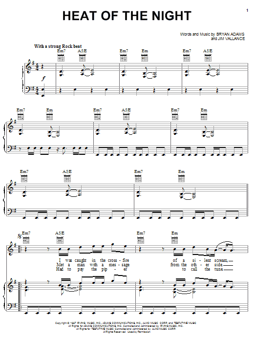 Bryan Adams Heat Of The Night sheet music notes and chords arranged for Piano, Vocal & Guitar Chords (Right-Hand Melody)