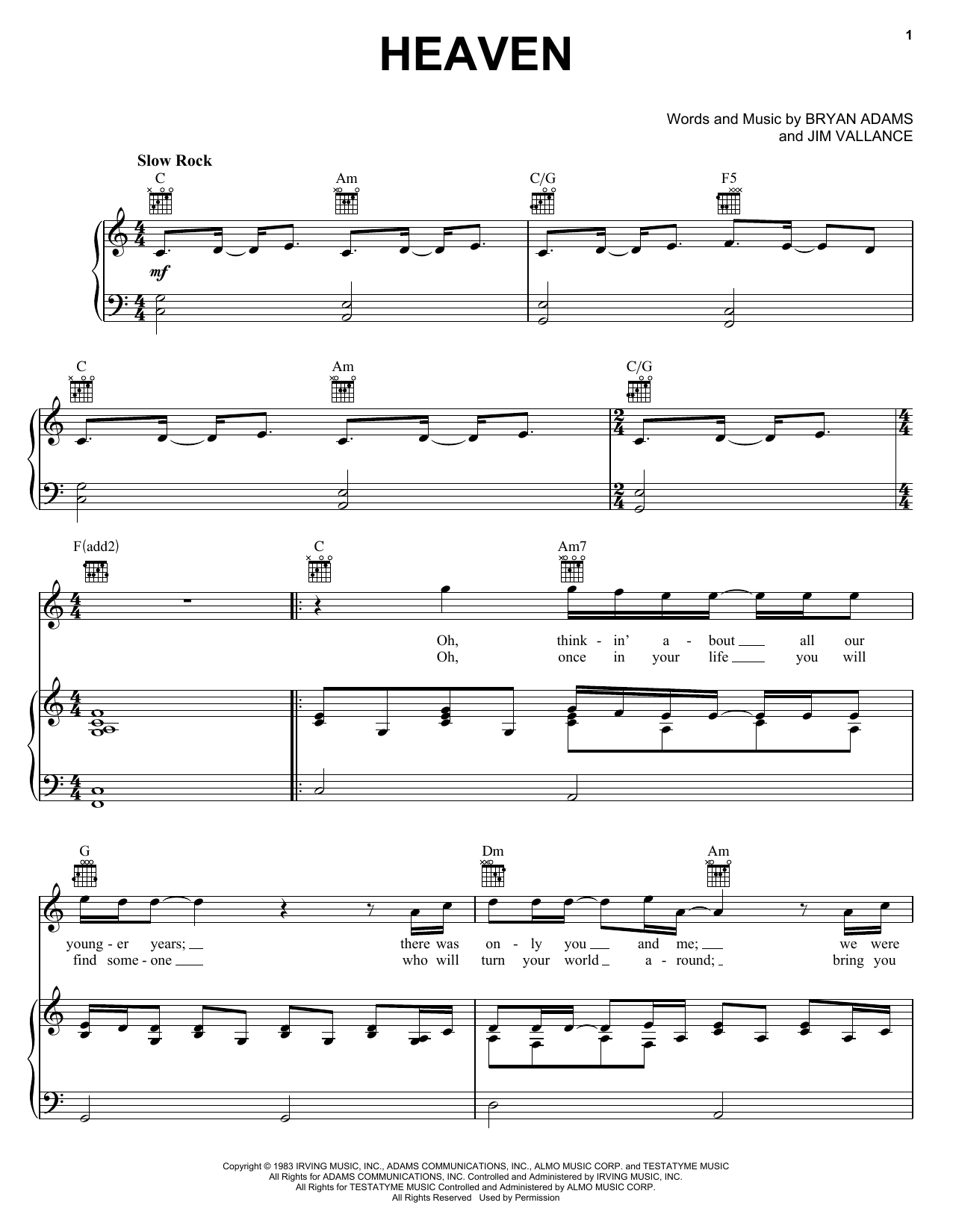 Bryan Adams Heaven sheet music notes and chords arranged for Easy Piano