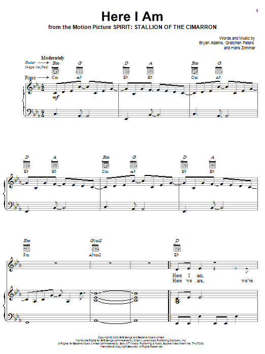 Bryan Adams Here I Am (End Title) sheet music notes and chords arranged for Piano, Vocal & Guitar Chords (Right-Hand Melody)