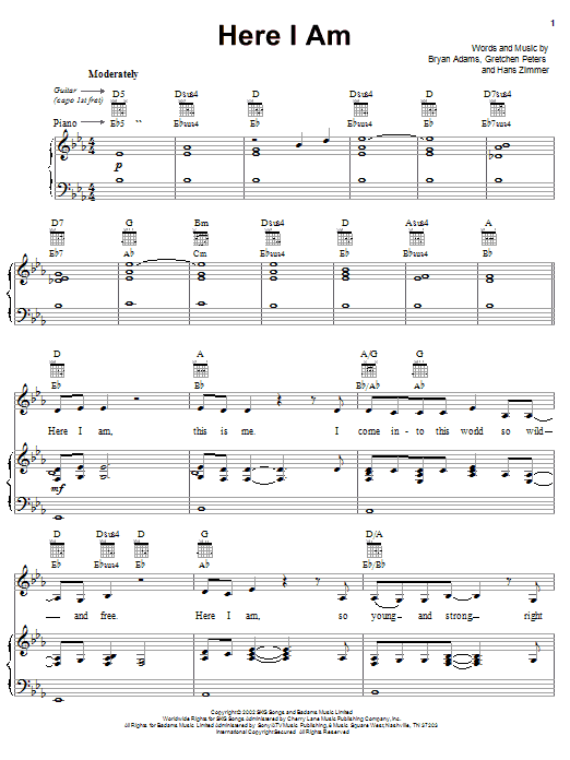 Bryan Adams Here I Am sheet music notes and chords arranged for Easy Piano