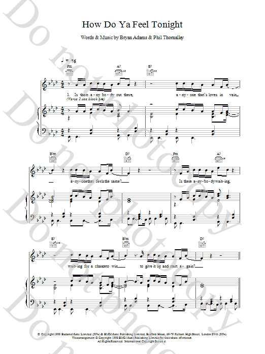 Bryan Adams How Do Ya Feel Tonight sheet music notes and chords arranged for Piano, Vocal & Guitar Chords