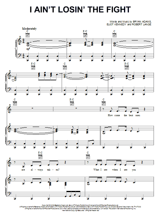 Bryan Adams I Ain't Losin' The Fight sheet music notes and chords arranged for Piano, Vocal & Guitar Chords (Right-Hand Melody)