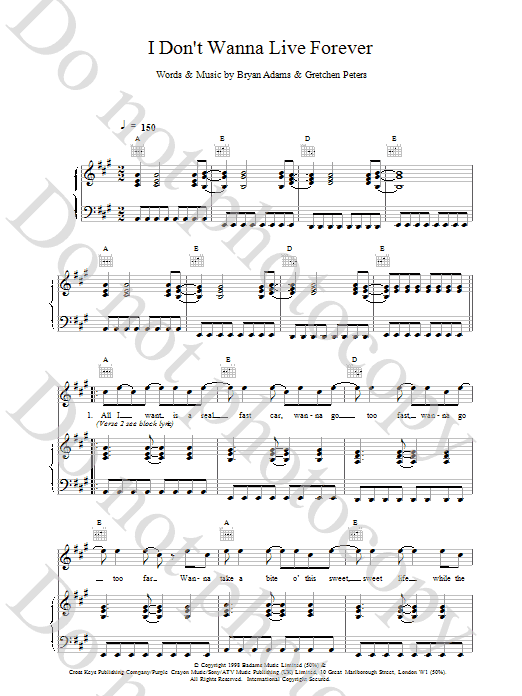 Bryan Adams I Don't Wanna Live Forever sheet music notes and chords arranged for Piano, Vocal & Guitar Chords