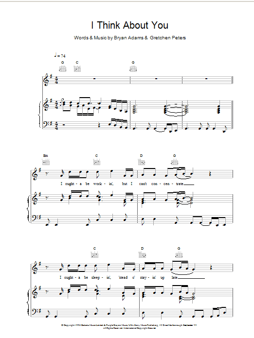 Bryan Adams I Think About You sheet music notes and chords arranged for Piano, Vocal & Guitar Chords