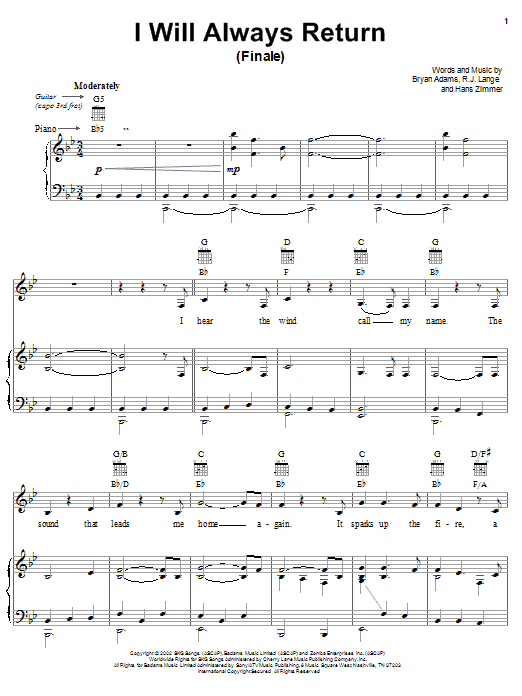 Bryan Adams I Will Always Return (Finale) sheet music notes and chords arranged for Piano, Vocal & Guitar Chords (Right-Hand Melody)