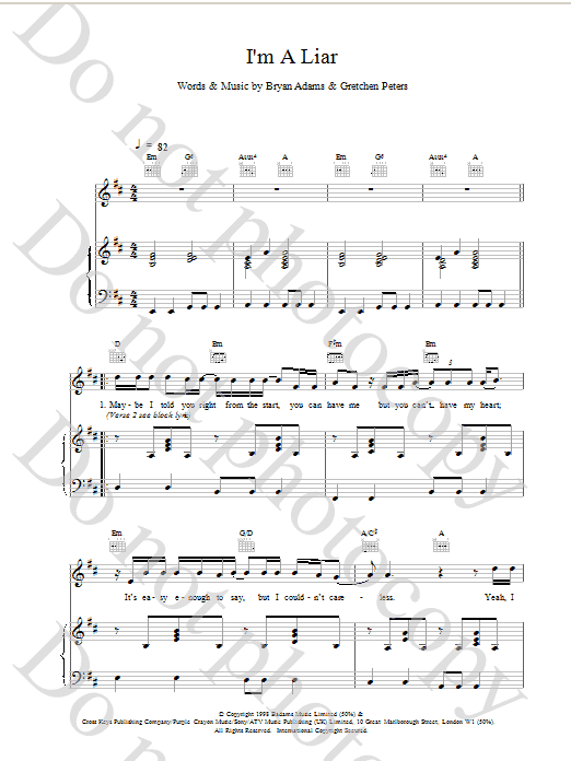 Bryan Adams I'm A Liar sheet music notes and chords arranged for Piano, Vocal & Guitar Chords