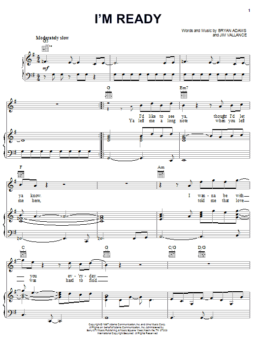 Bryan Adams I'm Ready sheet music notes and chords arranged for Piano, Vocal & Guitar Chords (Right-Hand Melody)
