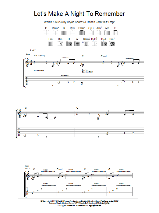Bryan Adams Let's Make A Night To Remember sheet music notes and chords arranged for Piano, Vocal & Guitar Chords (Right-Hand Melody)