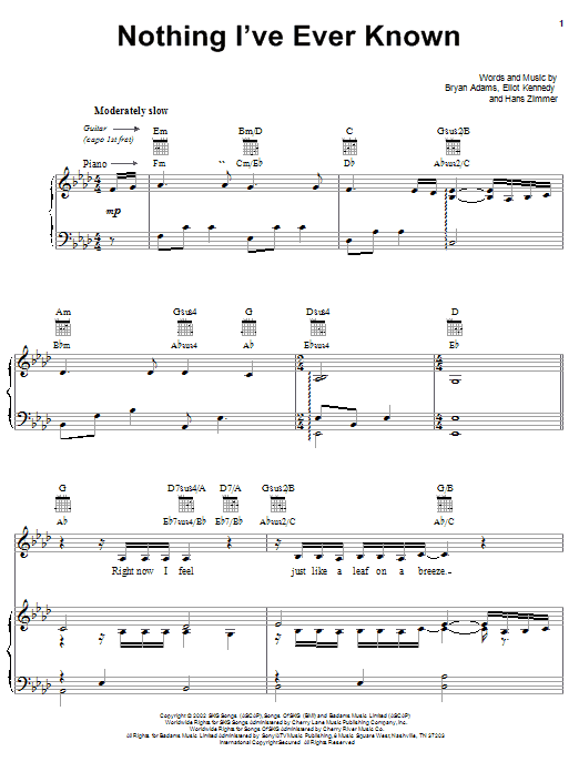 Bryan Adams Nothing I've Ever Known sheet music notes and chords arranged for Piano, Vocal & Guitar Chords (Right-Hand Melody)