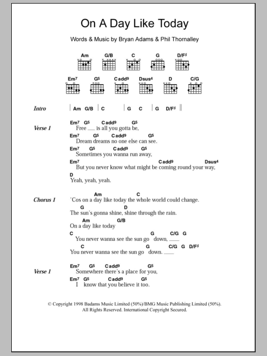 Bryan Adams On A Day Like Today sheet music notes and chords arranged for Guitar Chords/Lyrics
