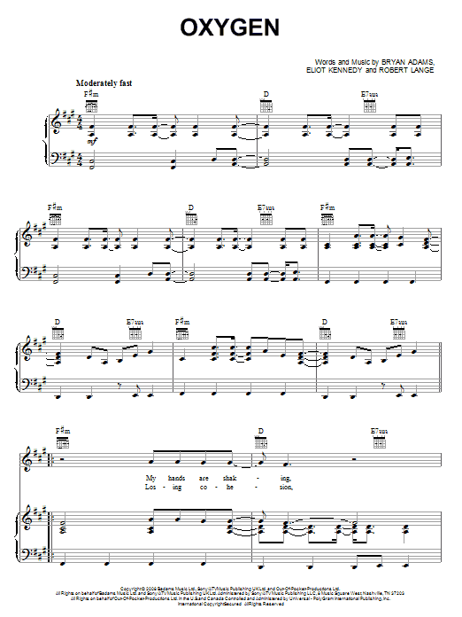Bryan Adams Oxygen sheet music notes and chords arranged for Piano, Vocal & Guitar Chords (Right-Hand Melody)