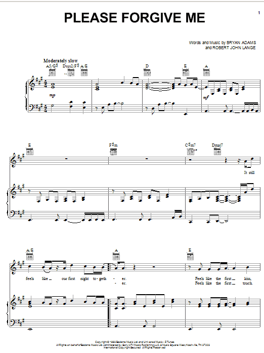 Bryan Adams Please Forgive Me sheet music notes and chords arranged for Easy Piano
