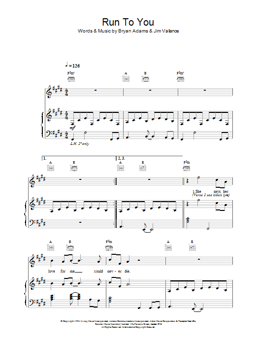 Bryan Adams Run To You sheet music notes and chords arranged for Piano, Vocal & Guitar Chords (Right-Hand Melody)