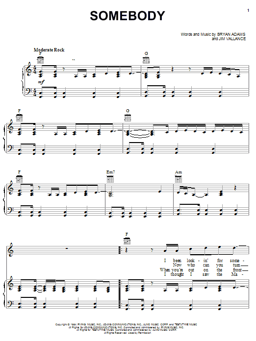 Bryan Adams Somebody sheet music notes and chords arranged for Piano, Vocal & Guitar Chords (Right-Hand Melody)