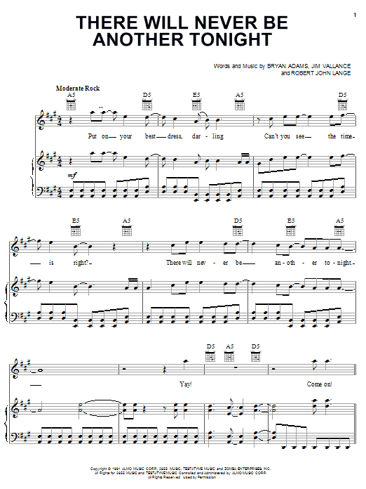 Bryan Adams There Will Never Be Another Tonight sheet music notes and chords arranged for Piano, Vocal & Guitar Chords (Right-Hand Melody)