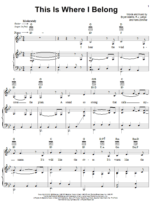 Bryan Adams This Is Where I Belong sheet music notes and chords arranged for Piano, Vocal & Guitar Chords (Right-Hand Melody)