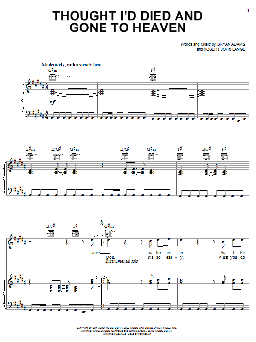 Bryan Adams Thought I'd Died And Gone To Heaven sheet music notes and chords arranged for Piano, Vocal & Guitar Chords (Right-Hand Melody)