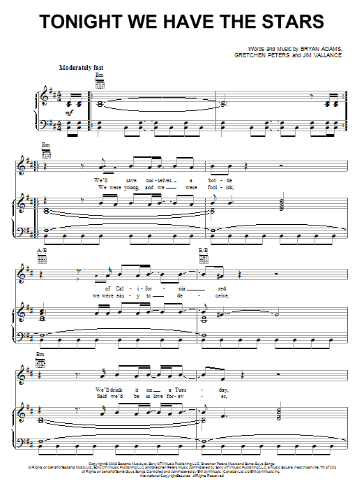 Bryan Adams Tonight We Have The Stars sheet music notes and chords arranged for Piano, Vocal & Guitar Chords (Right-Hand Melody)