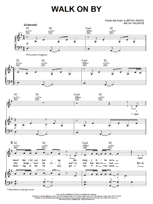 Bryan Adams Walk On By sheet music notes and chords arranged for Piano, Vocal & Guitar Chords (Right-Hand Melody)