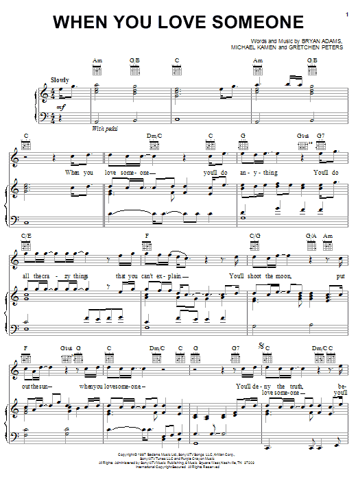 Bryan Adams When You Love Someone sheet music notes and chords arranged for Piano, Vocal & Guitar Chords (Right-Hand Melody)