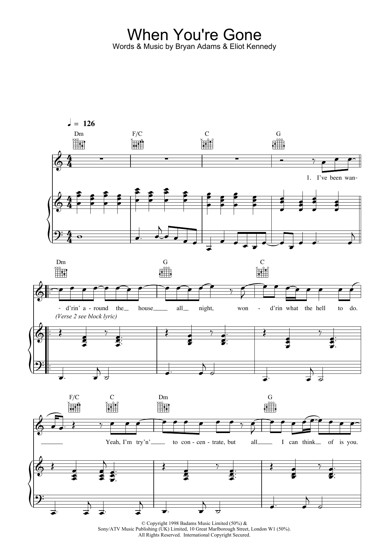 Bryan Adams When You're Gone sheet music notes and chords arranged for Piano, Vocal & Guitar Chords