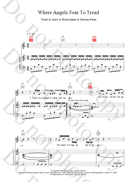 Bryan Adams Where Angels Fear To Tread sheet music notes and chords arranged for Piano, Vocal & Guitar Chords