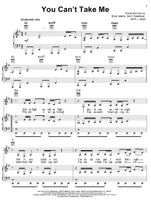 Bryan Adams You Can't Take Me sheet music notes and chords arranged for Piano, Vocal & Guitar Chords (Right-Hand Melody)