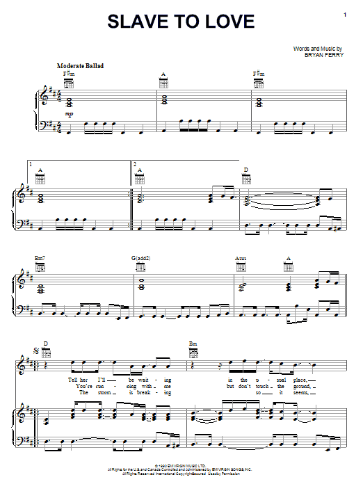 Bryan Ferry Slave To Love sheet music notes and chords arranged for Piano, Vocal & Guitar Chords (Right-Hand Melody)
