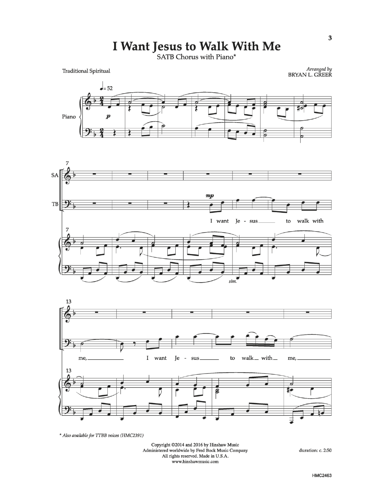 Bryan Greer I Want Jesus To Walk With Me sheet music notes and chords arranged for SATB Choir