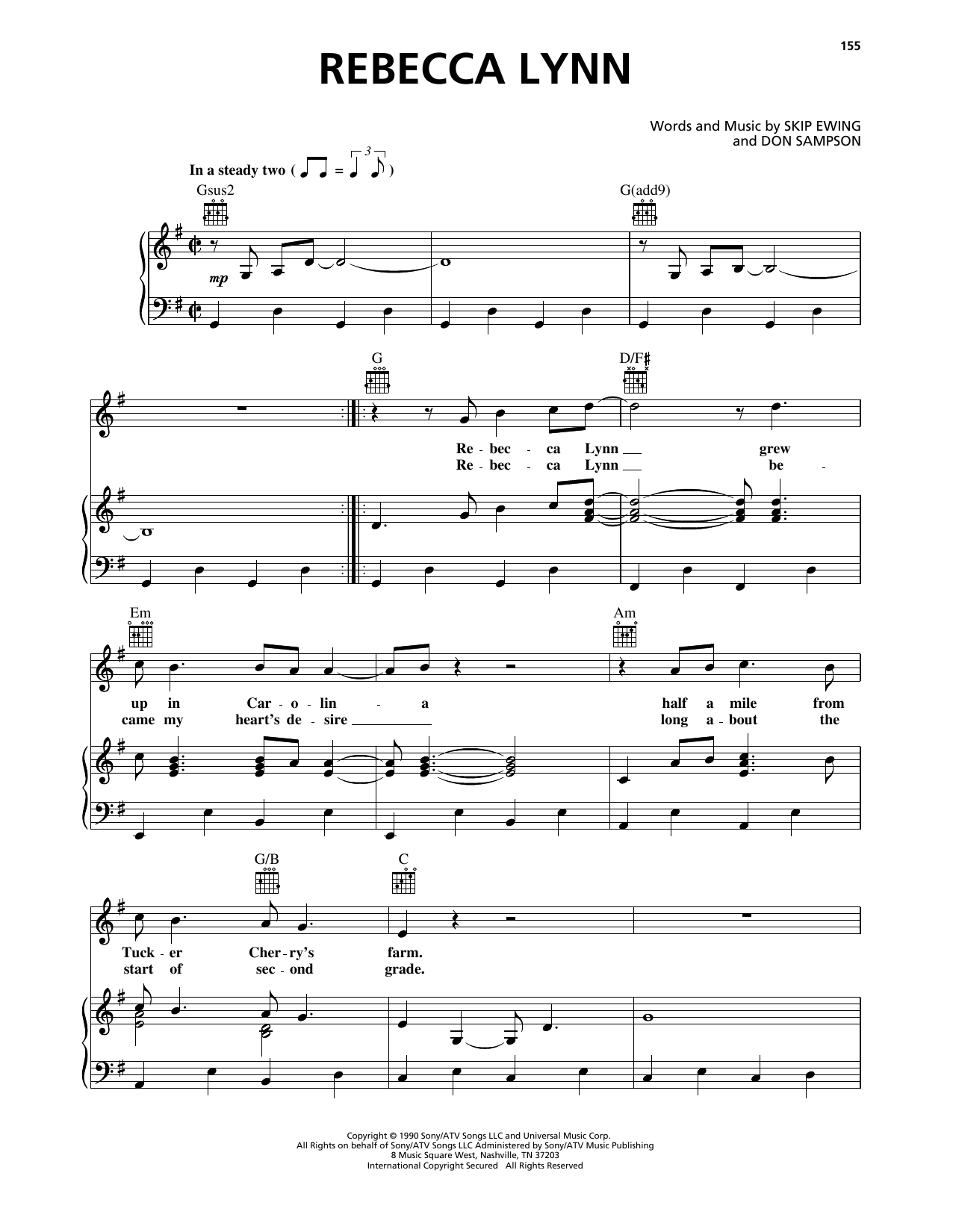 Bryan White Rebecca Lynn sheet music notes and chords arranged for Piano, Vocal & Guitar Chords (Right-Hand Melody)