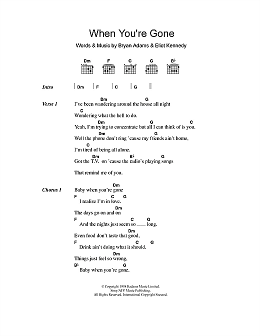 Bryan Adams and Melanie C When You're Gone sheet music notes and chords arranged for Guitar Chords/Lyrics
