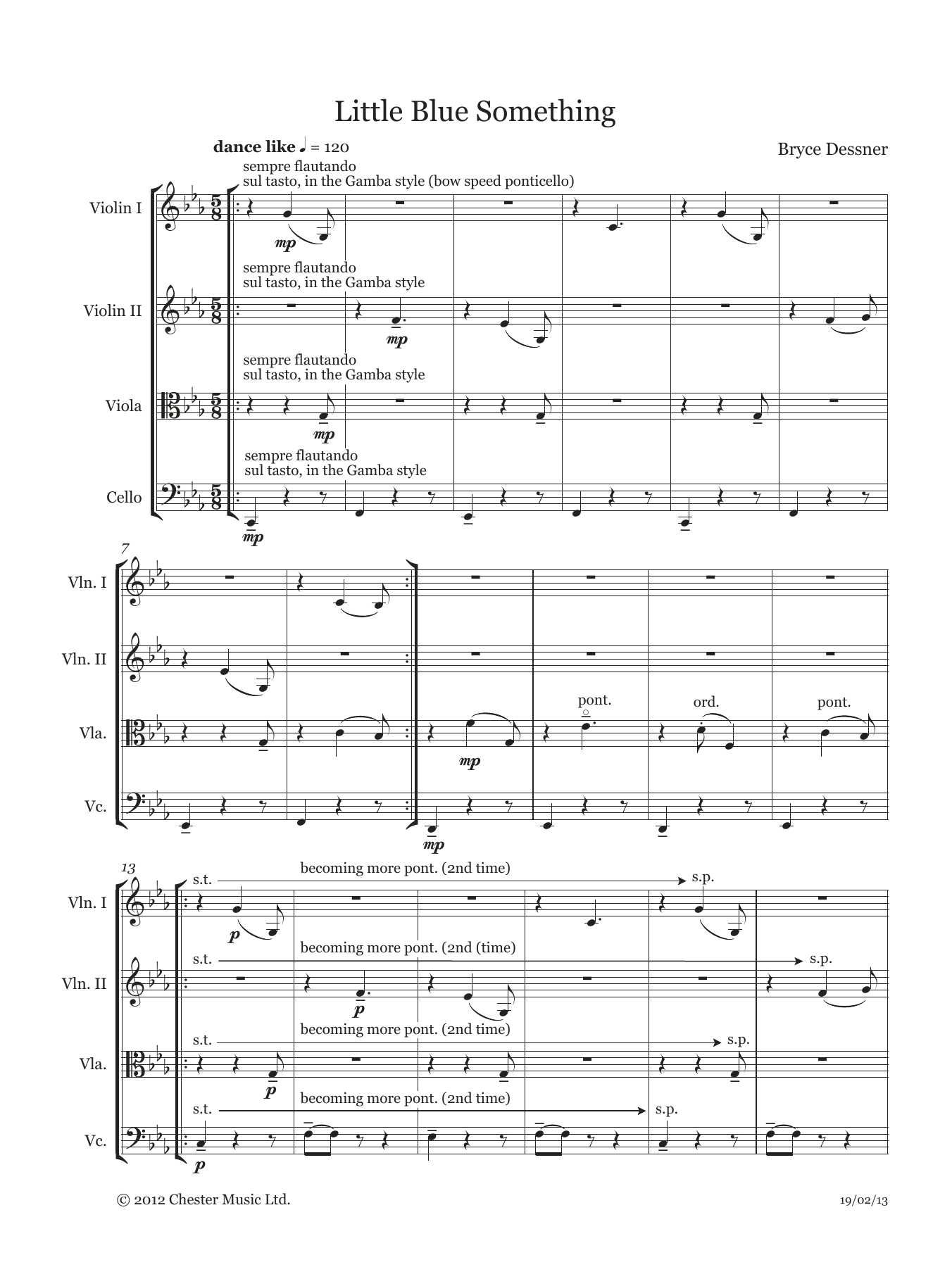 Bryce Dessner Little Blue Something (String quartet score & parts) sheet music notes and chords arranged for String Ensemble
