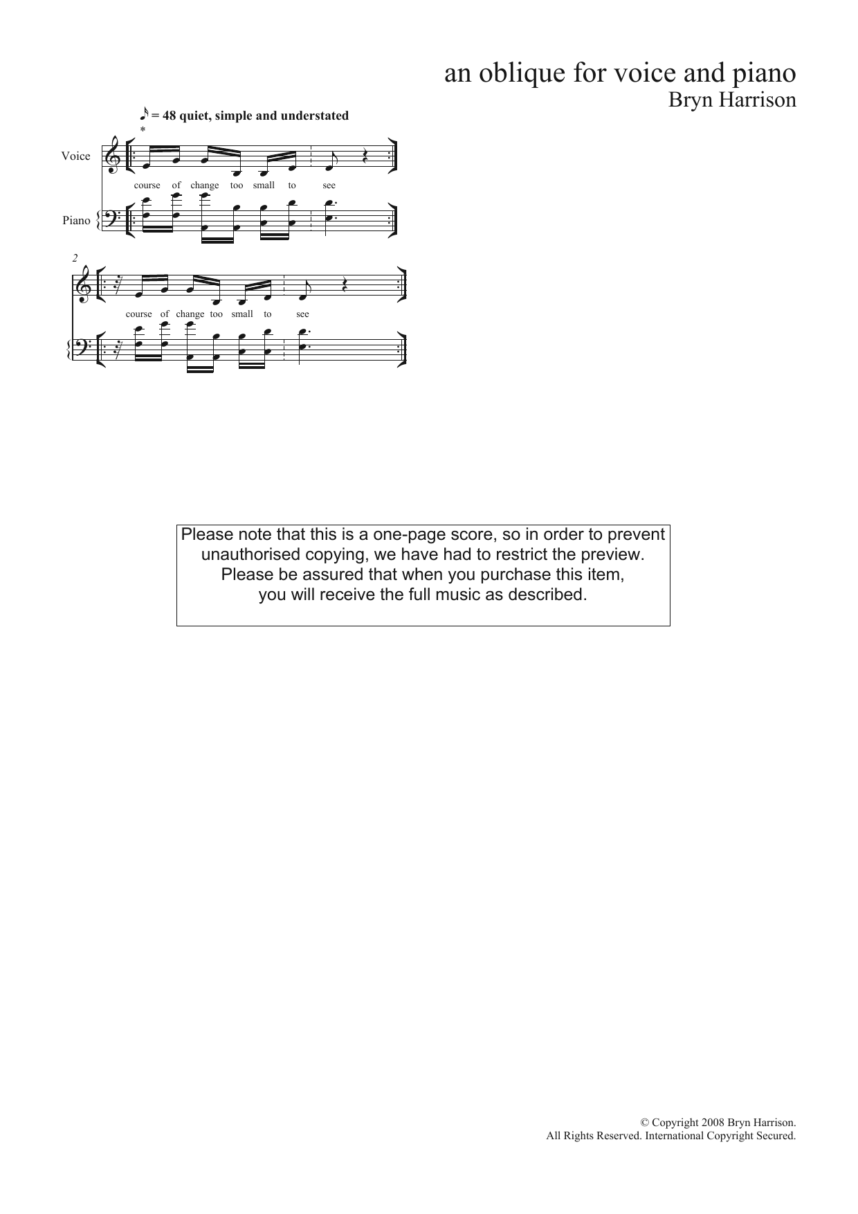 Bryn Harrison An Oblique (for mezzo-soprano and piano) sheet music notes and chords arranged for Piano & Vocal