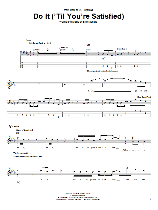 B.T. Express Do It ('Til You're Satisfied) sheet music notes and chords arranged for Bass Guitar Tab