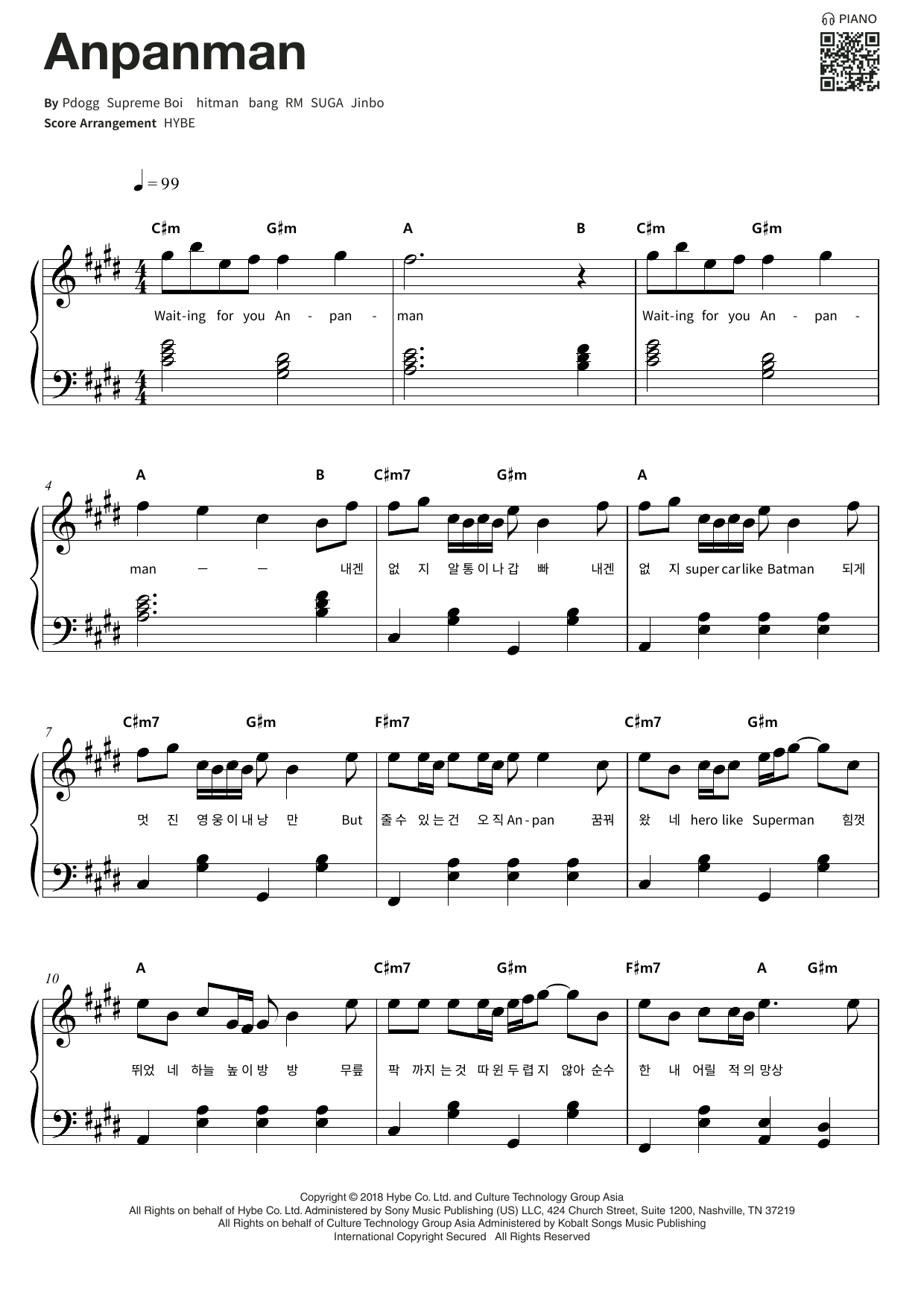 BTS Anpanman sheet music notes and chords arranged for Piano & Lyrics