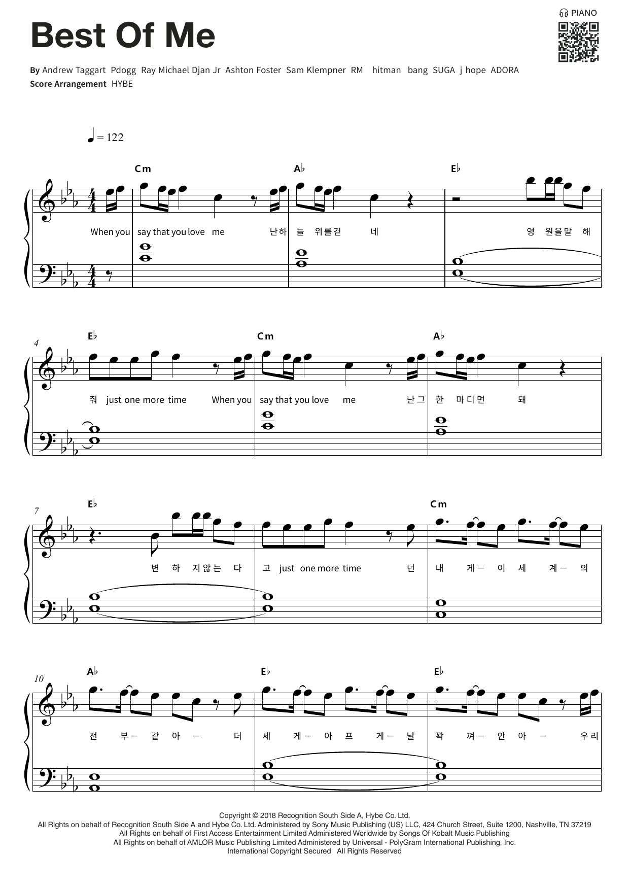 BTS Best Of Me sheet music notes and chords arranged for Easy Piano