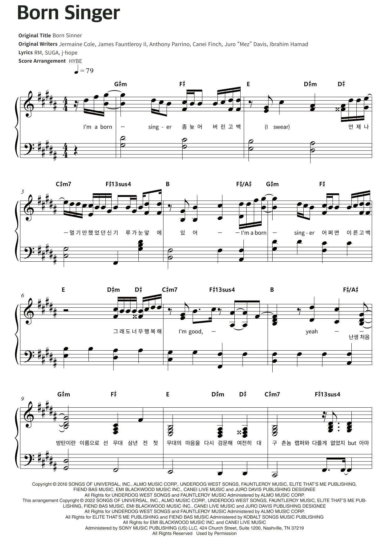 BTS Born Singer sheet music notes and chords arranged for Piano & Lyrics