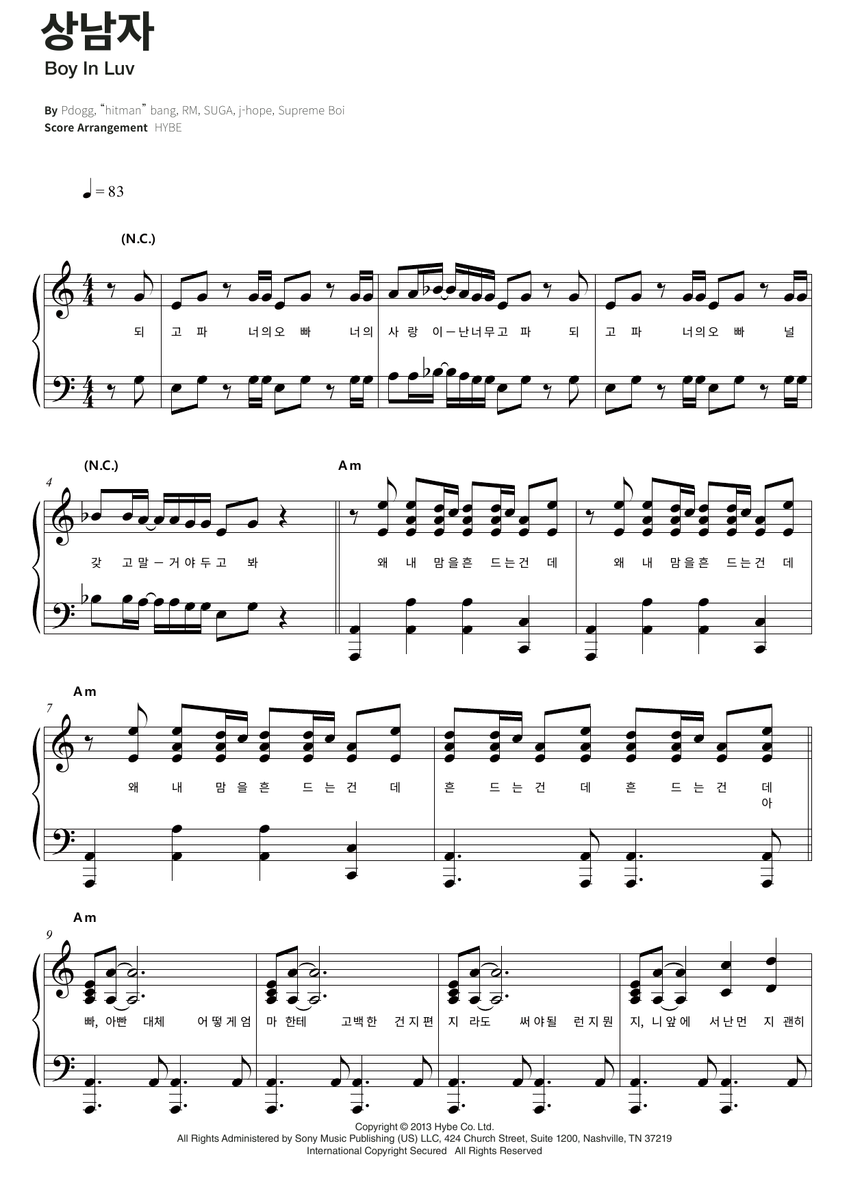 BTS Boy In Luv sheet music notes and chords arranged for Piano & Lyrics