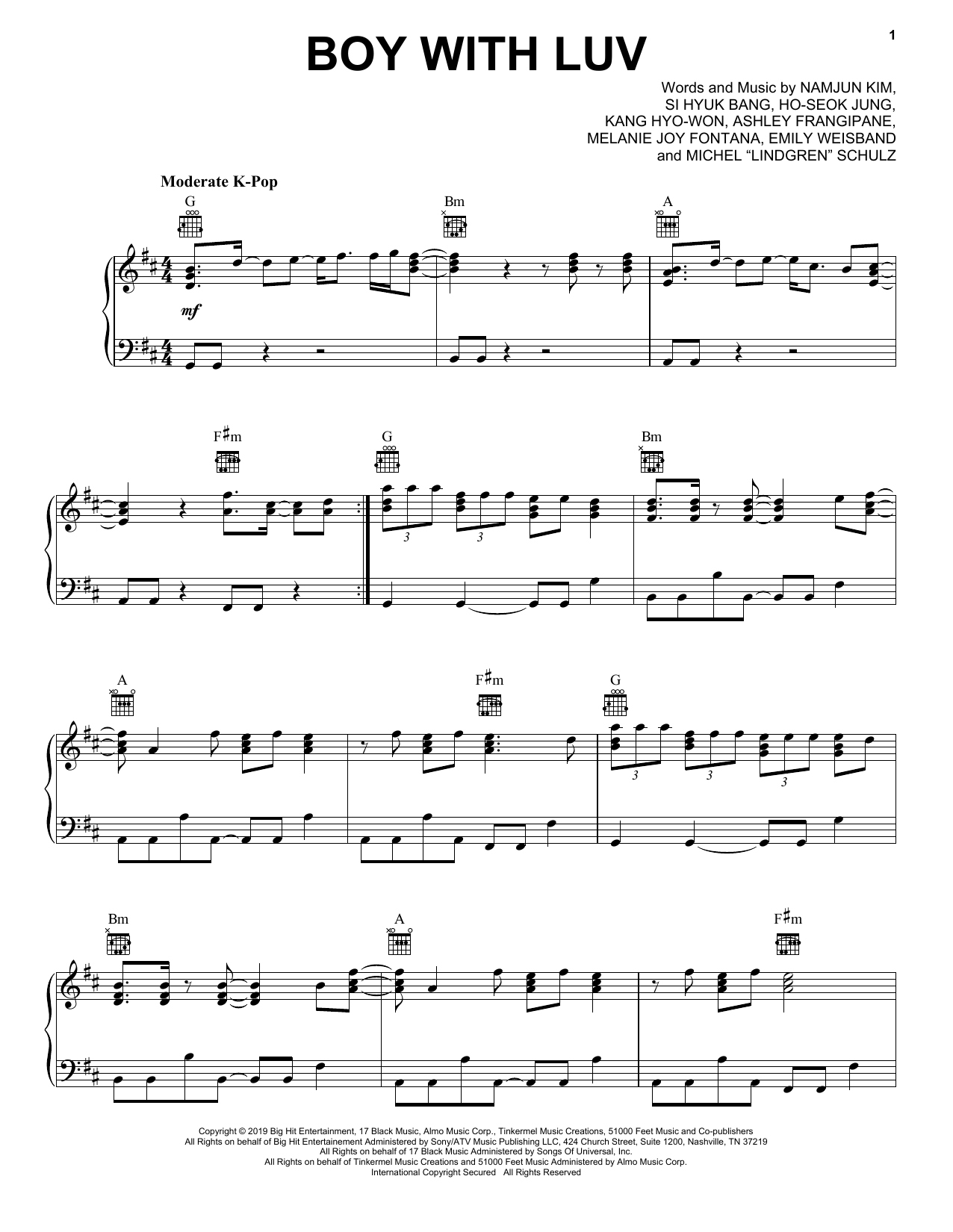 BTS Boy With Luv (feat. Halsey) sheet music notes and chords arranged for Piano Solo