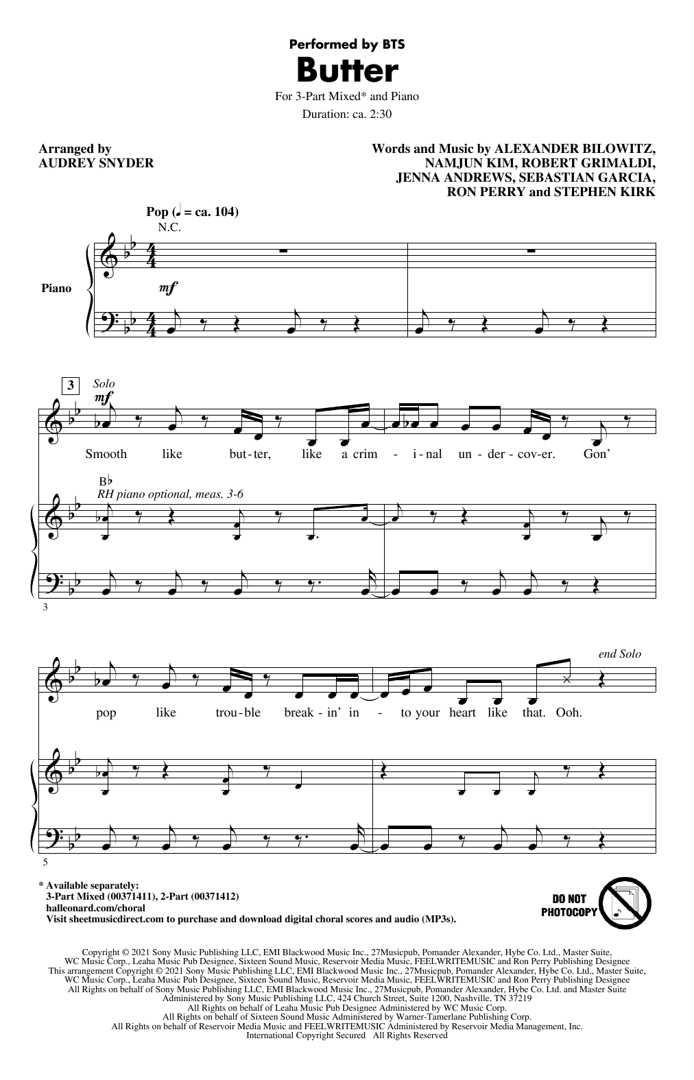 BTS Butter (arr. Audrey Snyder) sheet music notes and chords arranged for 3-Part Mixed Choir