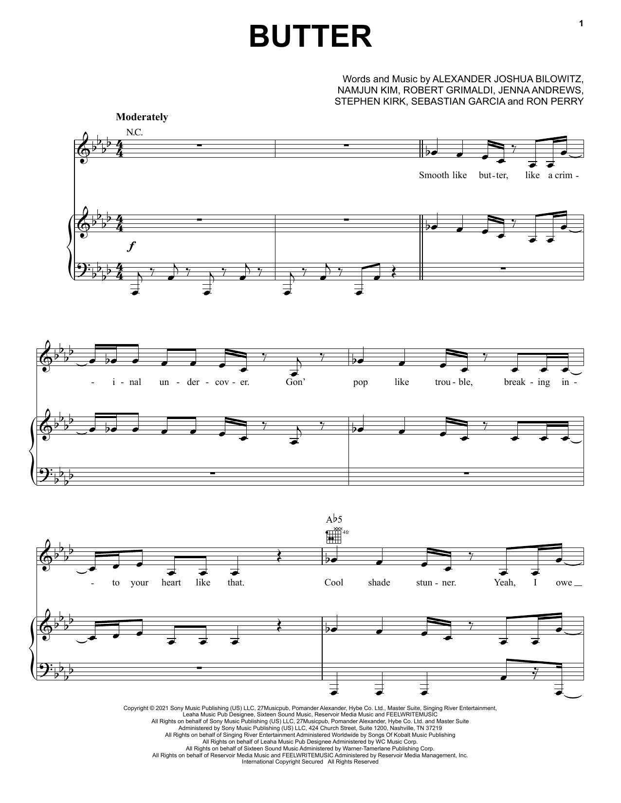 BTS Butter sheet music notes and chords arranged for Piano & Lyrics
