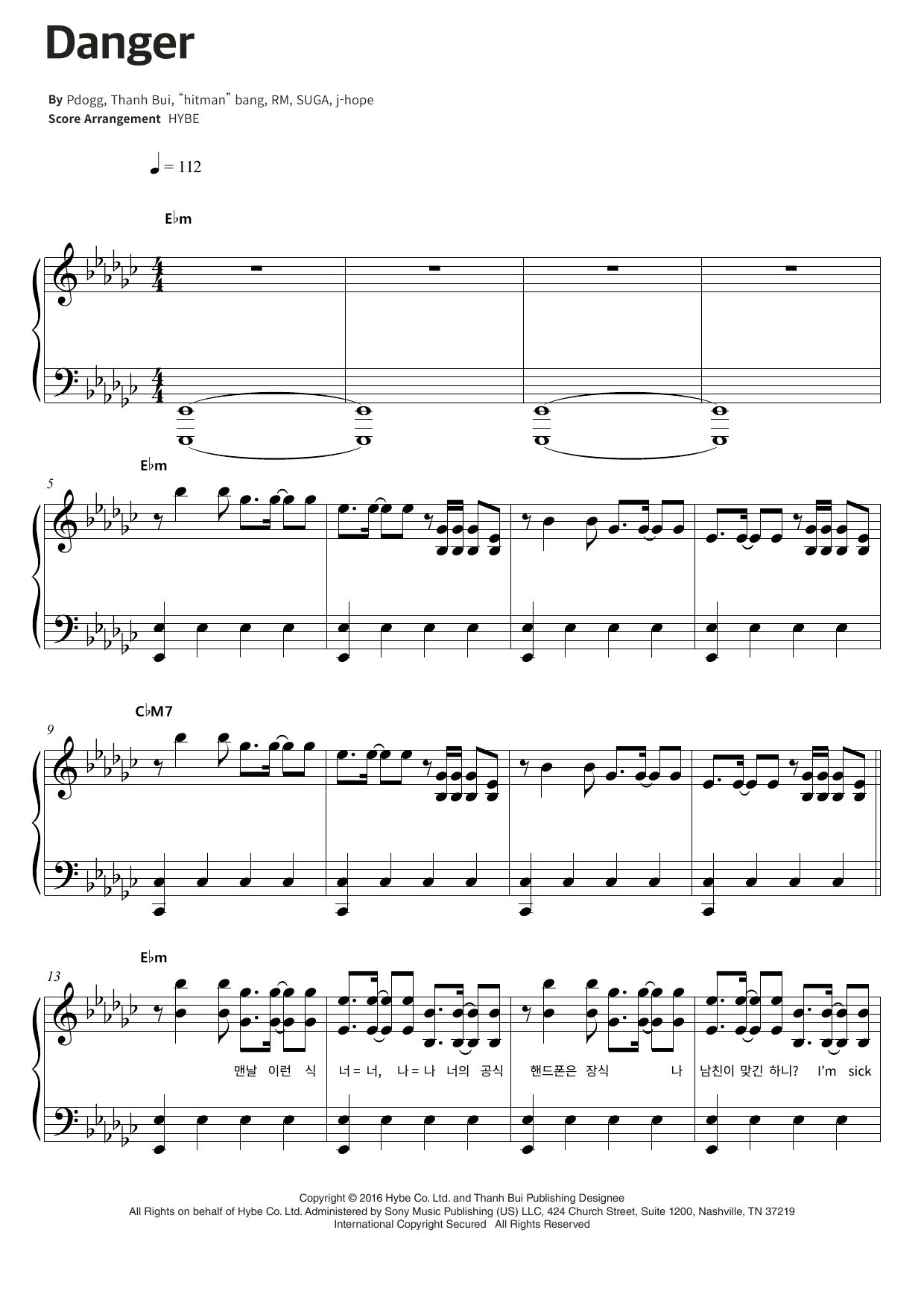 BTS Danger sheet music notes and chords arranged for Piano & Lyrics